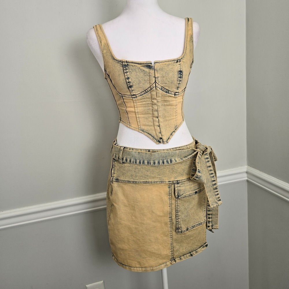 Cherie Los Angeles Womens Denim Crop Corset Skirt Set Small Y2K Chic Streetwear - Picture 2 of 10